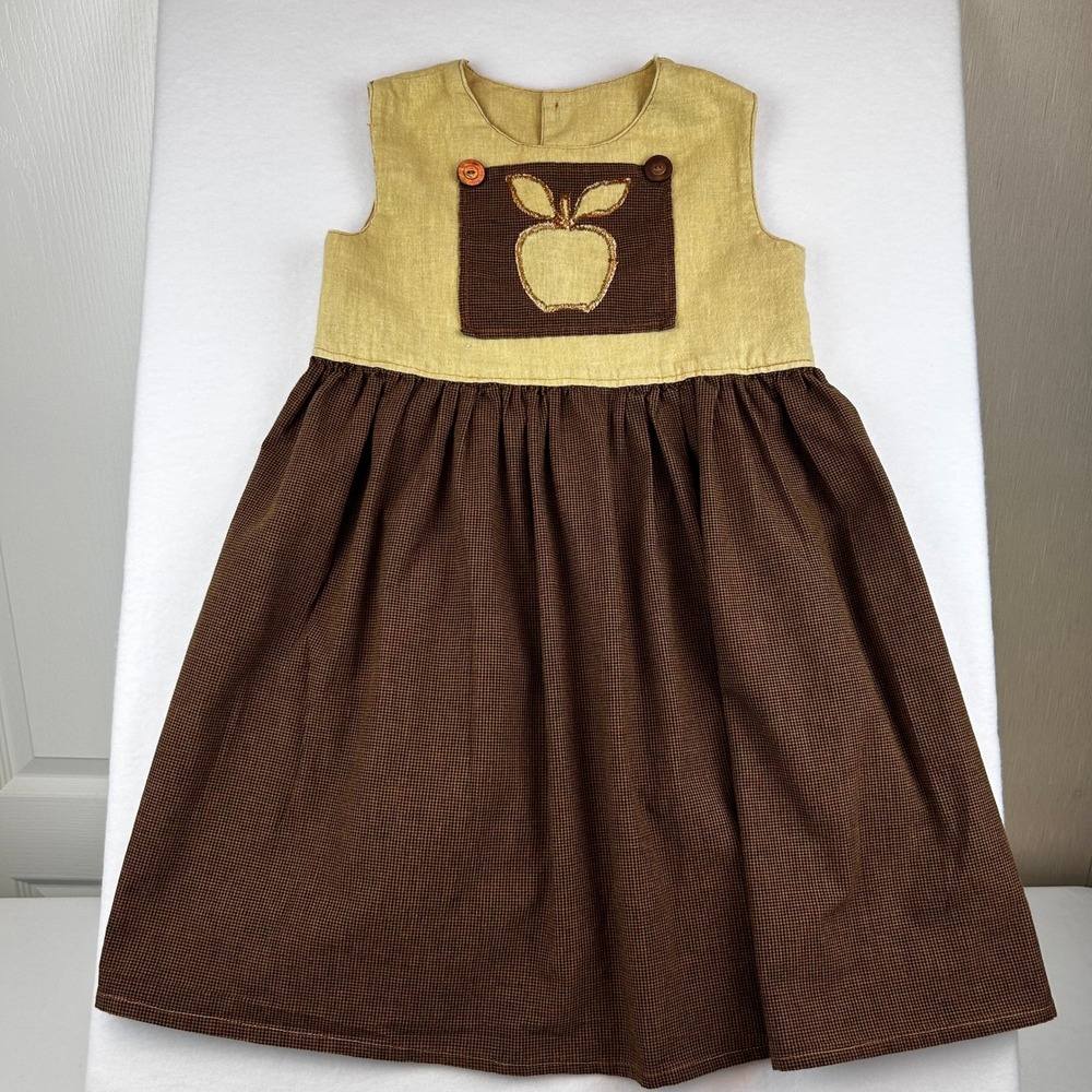 Vintage Style Handmade Apple Embroidered Jumper Dress Brown Tan Check Kids